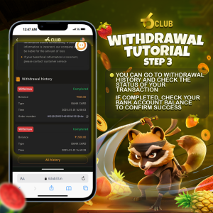 6 Club withdrawal tutorial, step 3, showcasing the withdrawal history on a smartphone with a playful raccoon mascot and vibrant background.